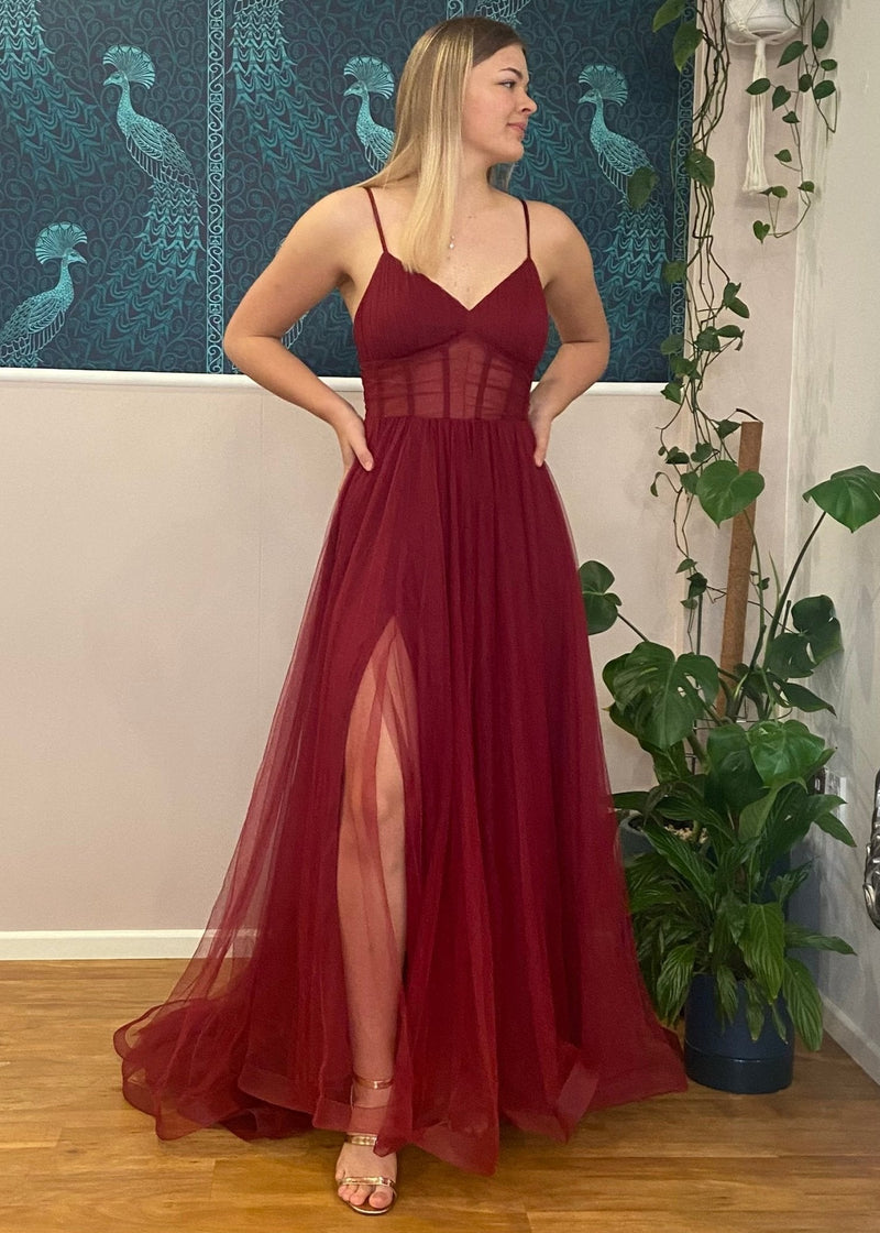 Burgundy Corset Ball Dress with Train, NZ Stock