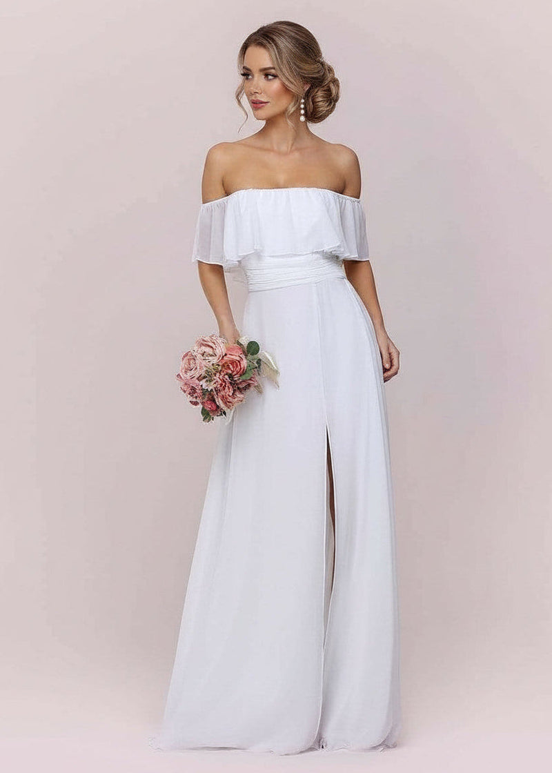 Angelina White Chiffon Off Shoulder Wedding Dress