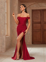 Bianca burgundy corset off shoulder gown with split Express NZ wide - Bay Bridal and Ball Gowns