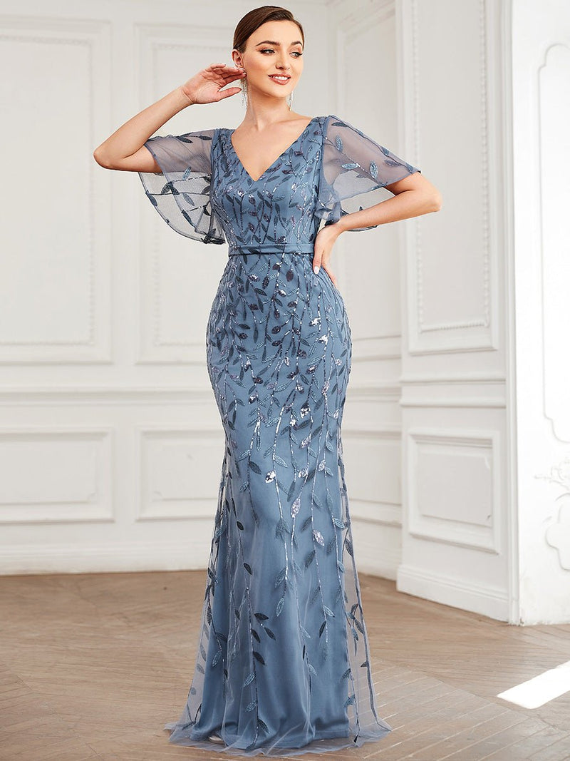 flutter sleeve georgette wrap bridesmaid dress Lace Bodice Flutter Sleeve Pleated A-Line Maxi Bridesmaid Dress