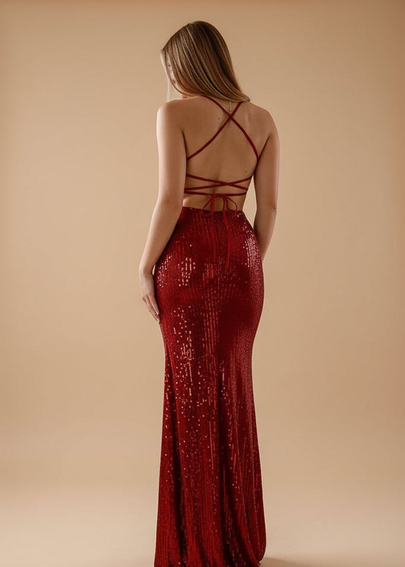 Hillary burgundy red sequin ball dress with split