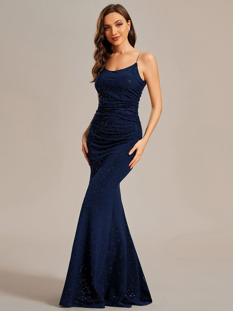 Kela low back rushed ball dress with sparkling straps in navy Express NZ wide - Bay Bridal and Ball Gowns