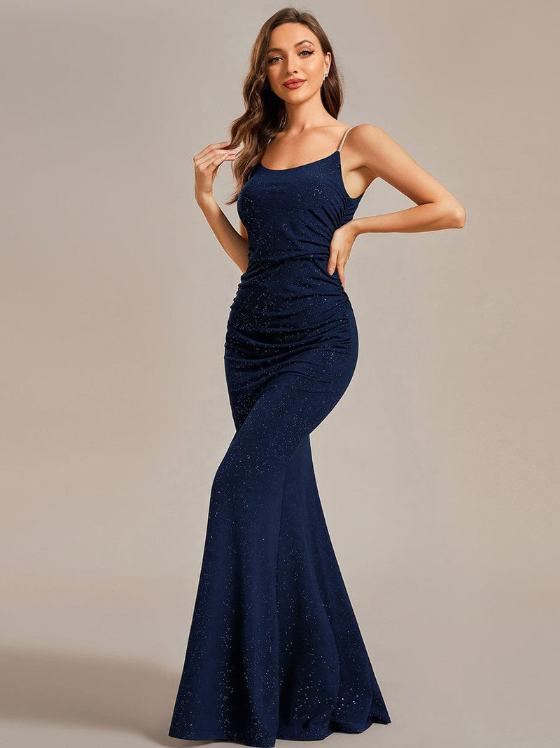 Kela low back rushed ball dress with sparkling straps in navy Express NZ wide - Bay Bridal and Ball Gowns
