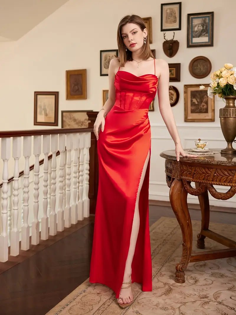 Patrina bright red satin corset open back ball dress Express NZ wide - Bay Bridal and Ball Gowns