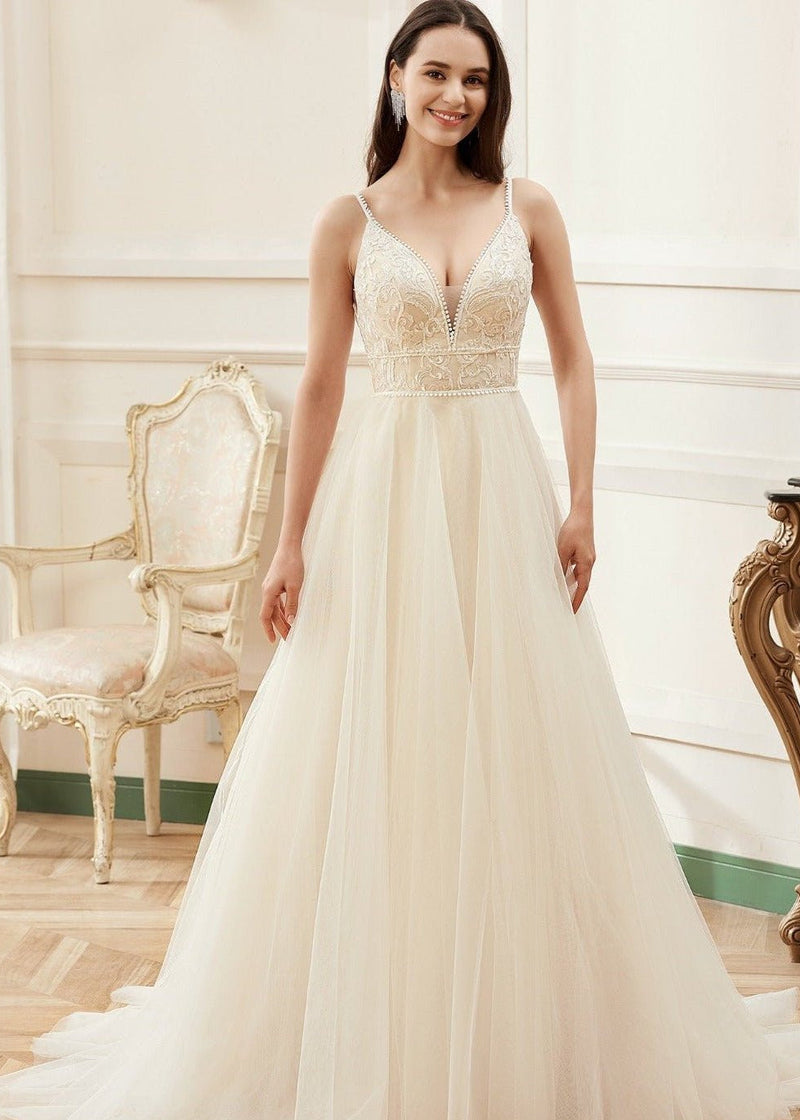 Rita boho ivory on champagne wedding gown Bay Bridal