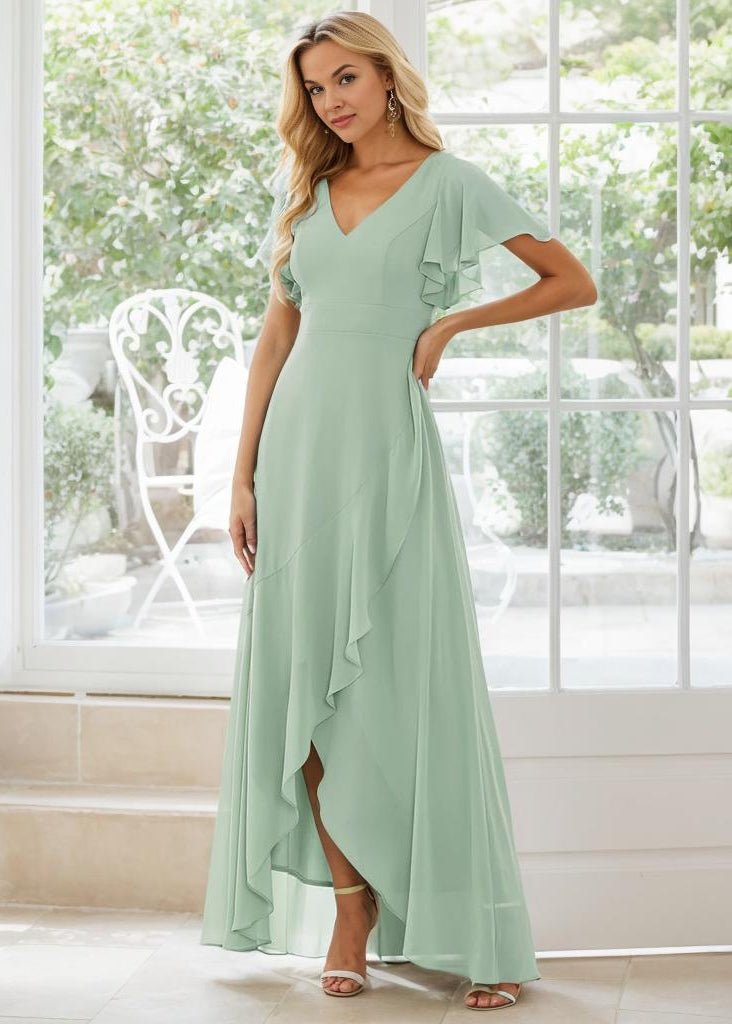 sage green bridesmaid dresses nz Sage Green Chiffon Ruffle Sleeve V-Neck Slit Maxi Bridesmaid Dress NZ Bridal