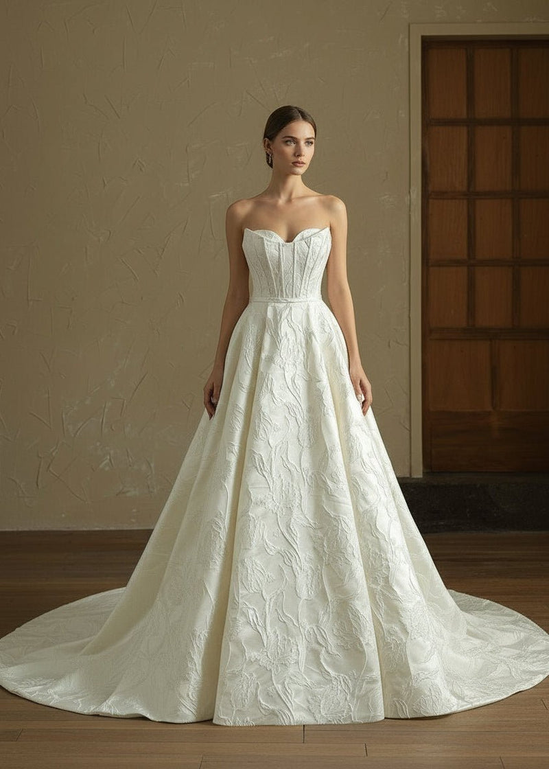 jacquard satin wedding dress Scoop Neckline Jacquard Satin Wedding Dress Wholesale With Overskirt   Ludyne Yuceed