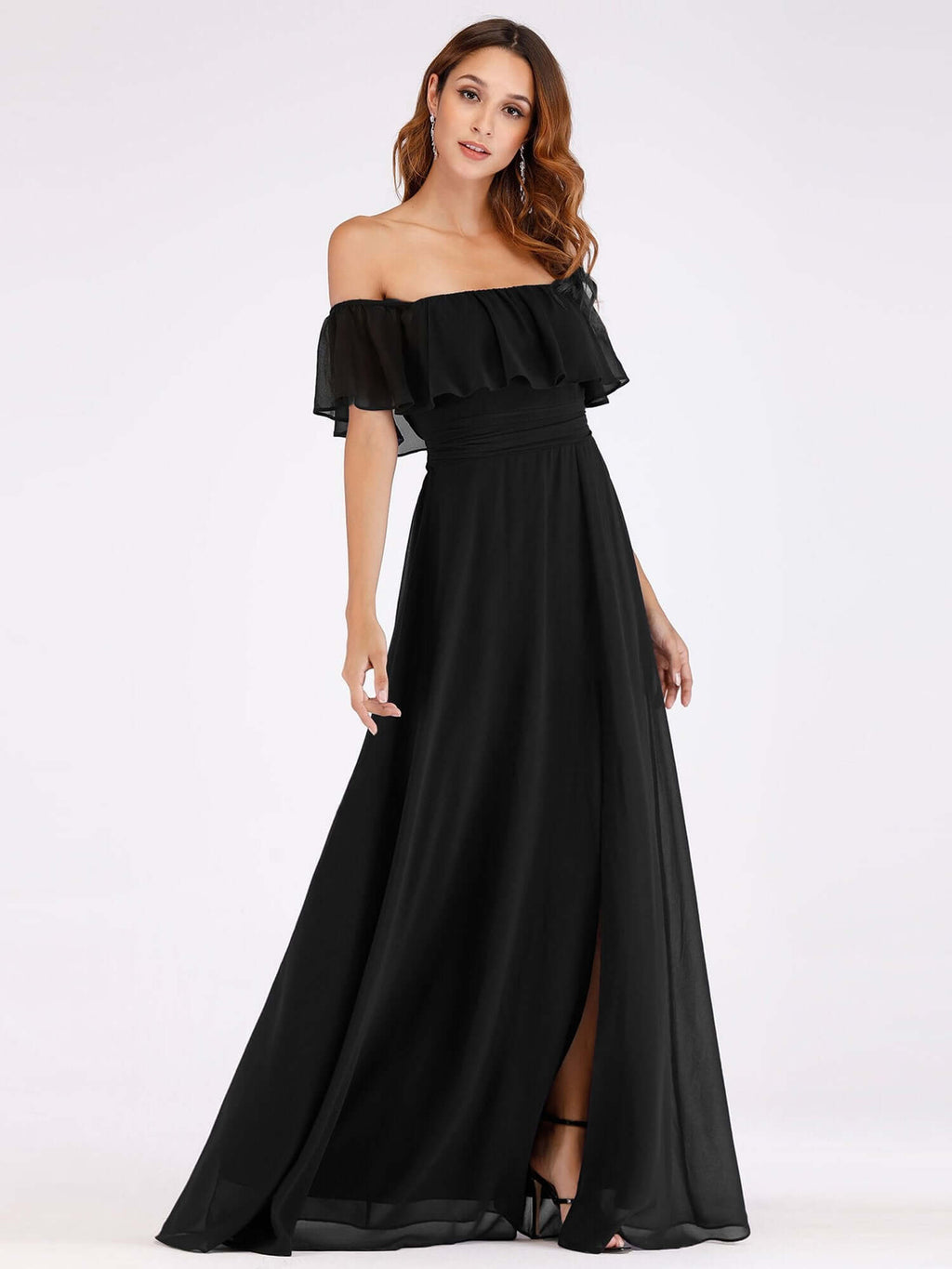 Angelina off shoulder dress with split in black s22 Express NZ wide! - Bay Bridal and Ball Gowns