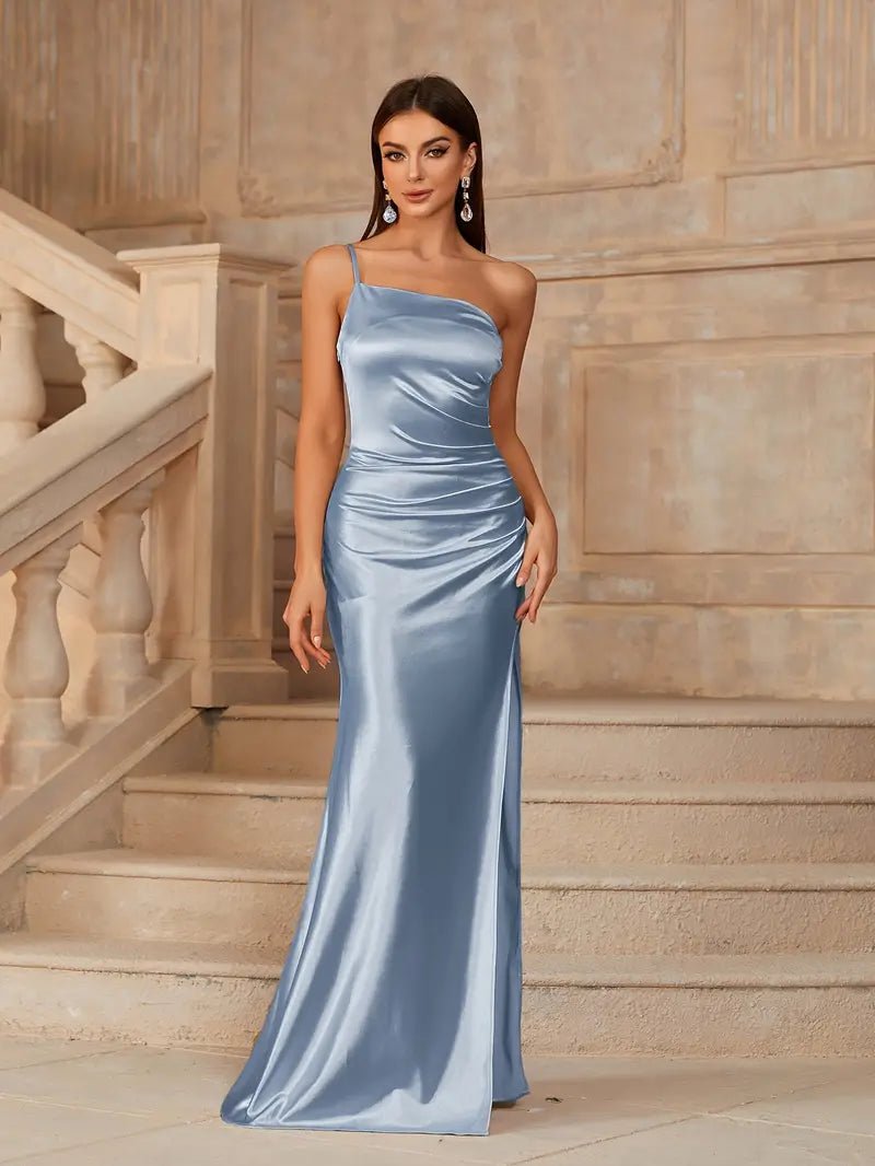 Desaree one shoulder satin dress in light blue size 6 Express NZ wide - Bay Bridal and Ball Gowns