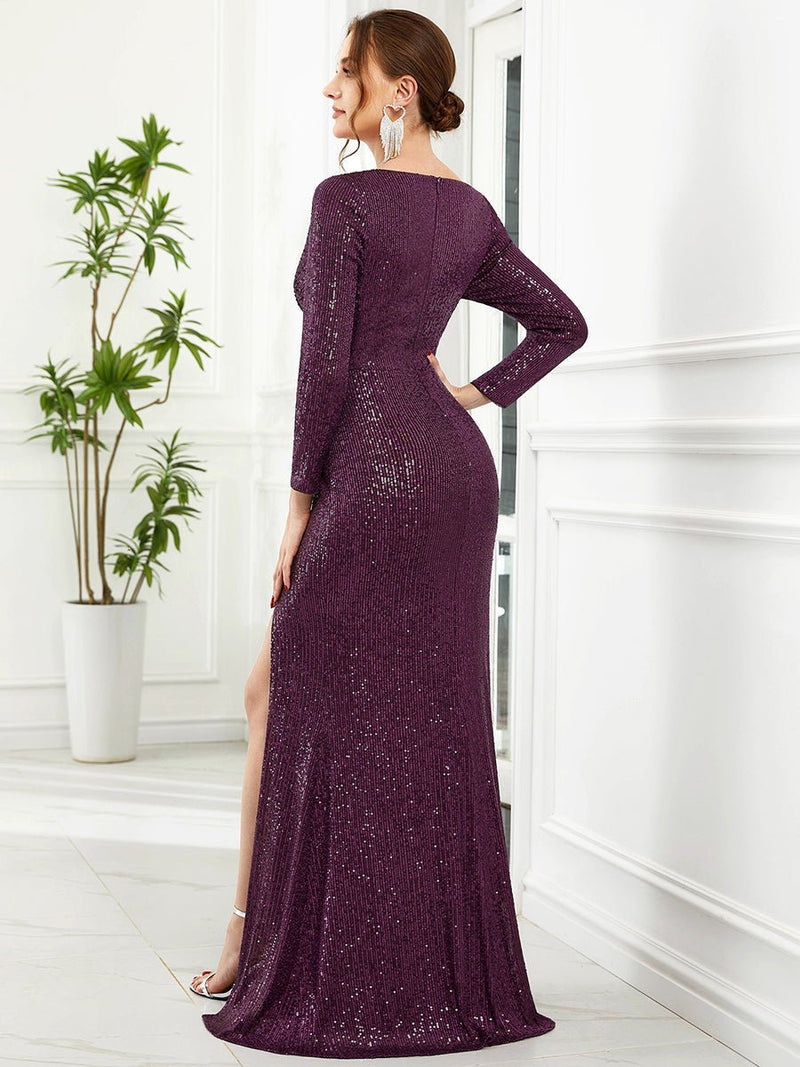 Elvira long sleeve dress with sequins and split in purple Express NZ wide! - Bay Bridal and Ball Gowns