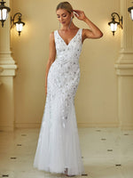 Paula tulle wedding dress with sequin leaf pattern in s10 white Express NZ wide - Bay Bridal and Ball Gowns