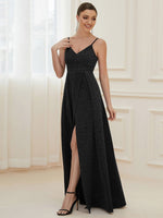 Raewyn thin strap sparkling ball gown with split in Black Express NZ wide - Bay Bridal and Ball Gowns