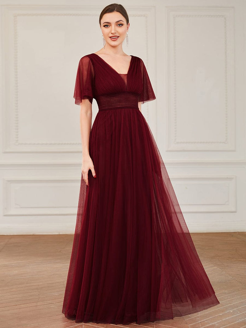 Burgundy Sheer Tulle Overlay Short Sleeve A-Line Tea Length Dress