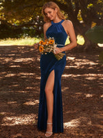 Selene sleeveless halter neck velvet dress with bling - Bay Bridal and Ball Gowns