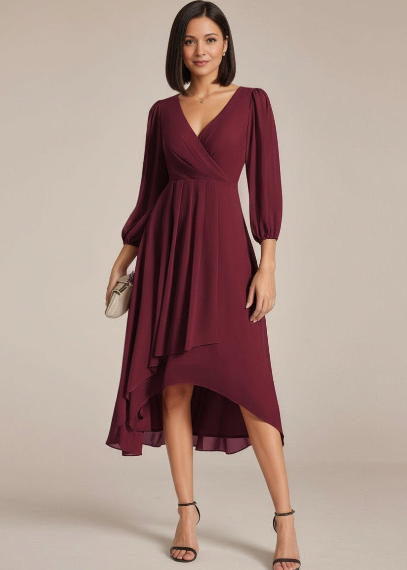 Mother of the bride dress in burgundy, front shot of lady in the dress, Bay Bridal and Ball Gowns