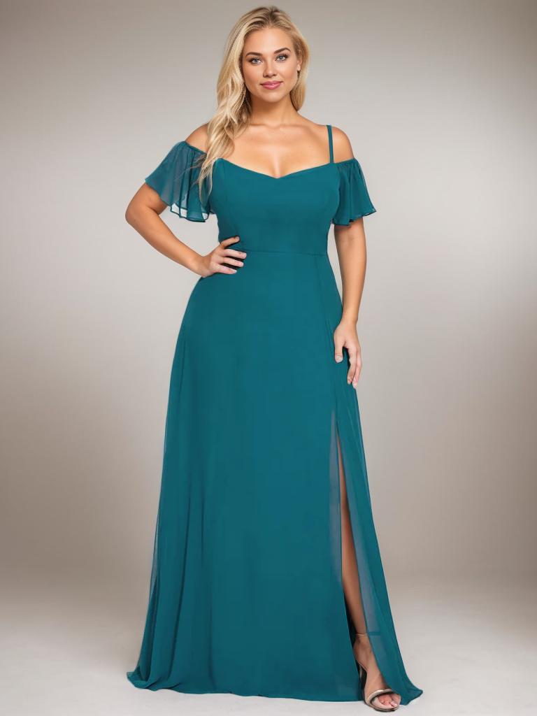 Drop sleeve bridesmaid dress with split in Teal - Full shot of larger sized lady wearing bridesmaid dress at Bay Bridal