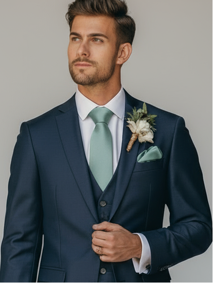 Man in a navy suit with a light green tie standing against a beige wall.