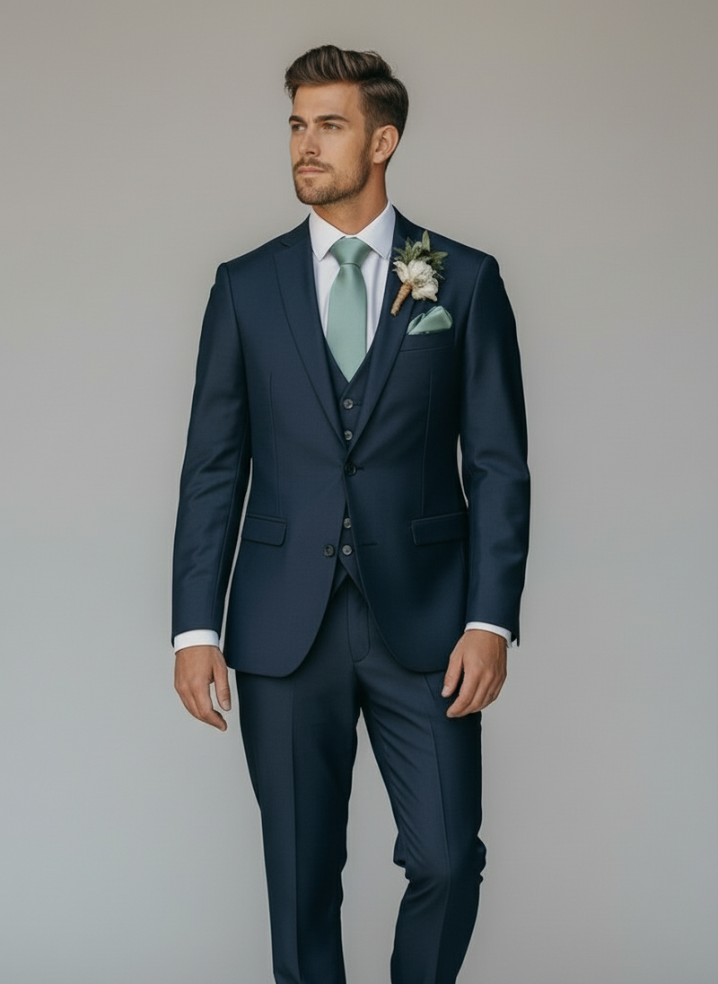 Man in a navy suit with a light green tie standing outdoors.