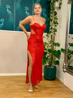 Ariel sequin red ball dress with split and tie up back Express NZ wide Bay Bridal and Ball Gowns