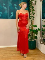 Ariel sequin red ball dress with split and tie up back Express NZ wide Bay Bridal and Ball Gowns