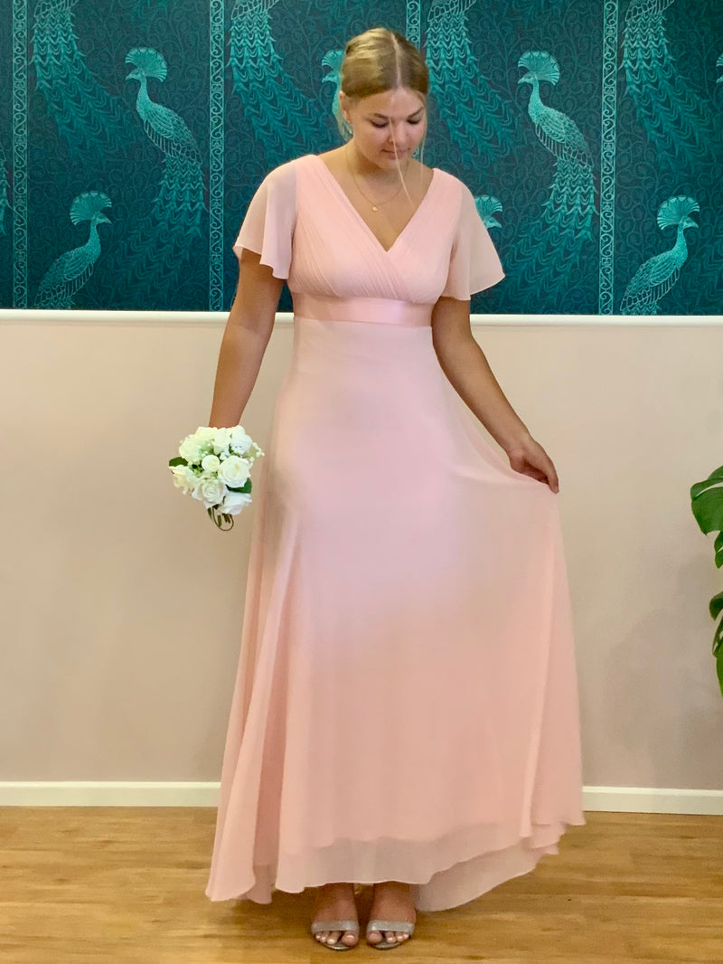 Billie flutter sleeve v neck chiffon bridesmaid dress in lighter colors Bay Bridal and Ball Gowns