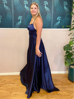 Darcy navy satin ball dress with split s10-12 Express NZ wide Bay Bridal and Ball Gowns