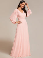 Tabitha long sleeved A - Line chiffon evening gown - Bay Bridal and Ball Gowns