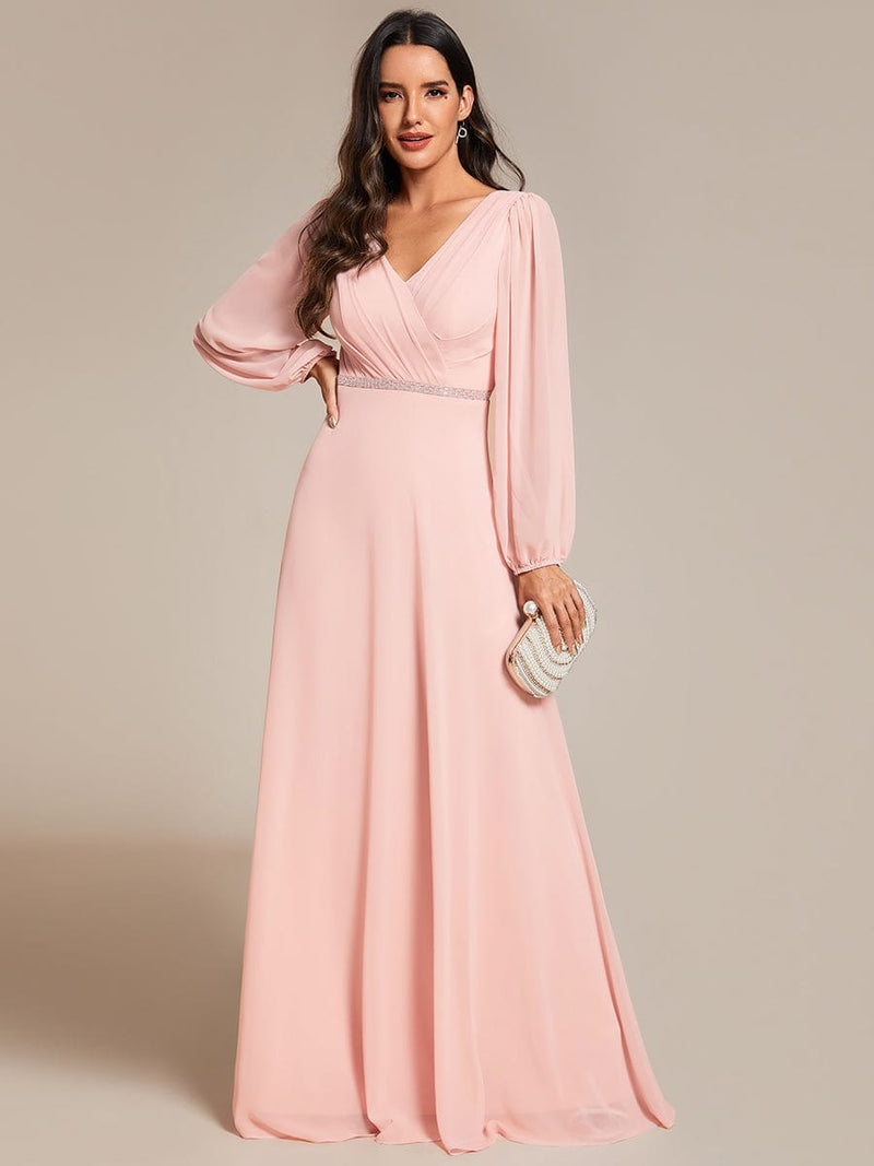 Tabitha long sleeved A - Line chiffon evening gown - Bay Bridal and Ball Gowns