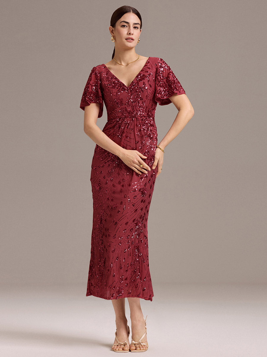 Color=Burgundy | Fast Delivery Short Sleeve Ruffle Sequin Deep V-Neck Fishtail Maxi Evening Dresses-Burgundy 30