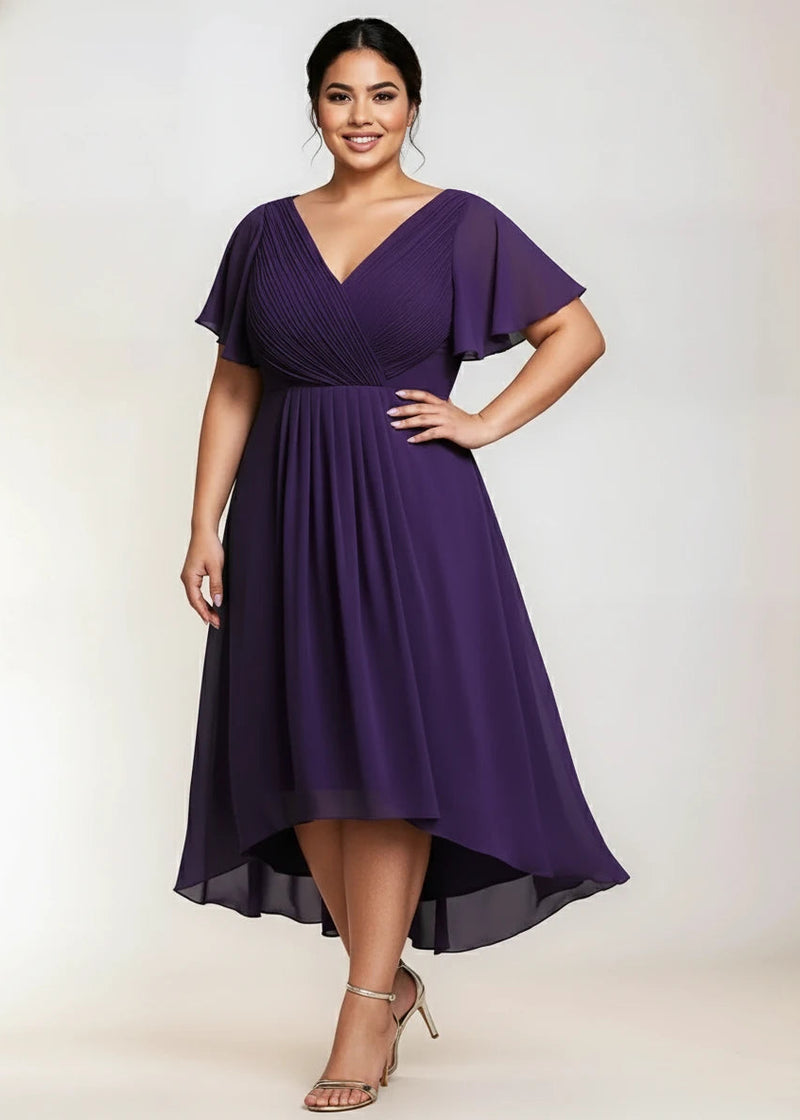 Jerry chiffon mother of the bride or groom dress NZ, front shot of older lady wearing dark purple dress