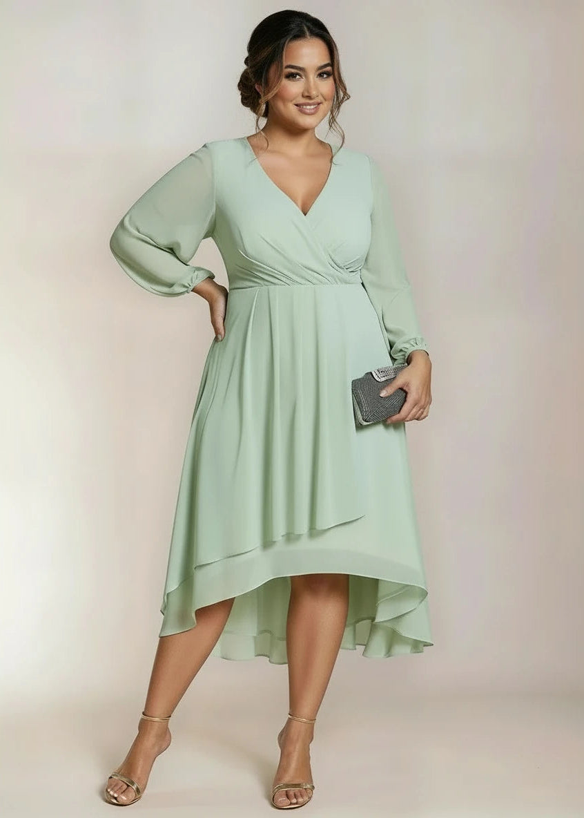 Mother of the bride dress in Light Sage front shot of lady in the dress, Bay Bridal and Ball Gowns