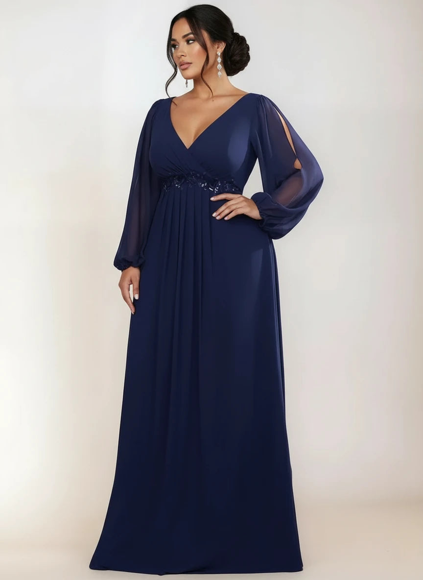 Cindy Evening Formal Ball Dress with Sleeve in Navy. Front shot of lady wearing bay bridal dress.
