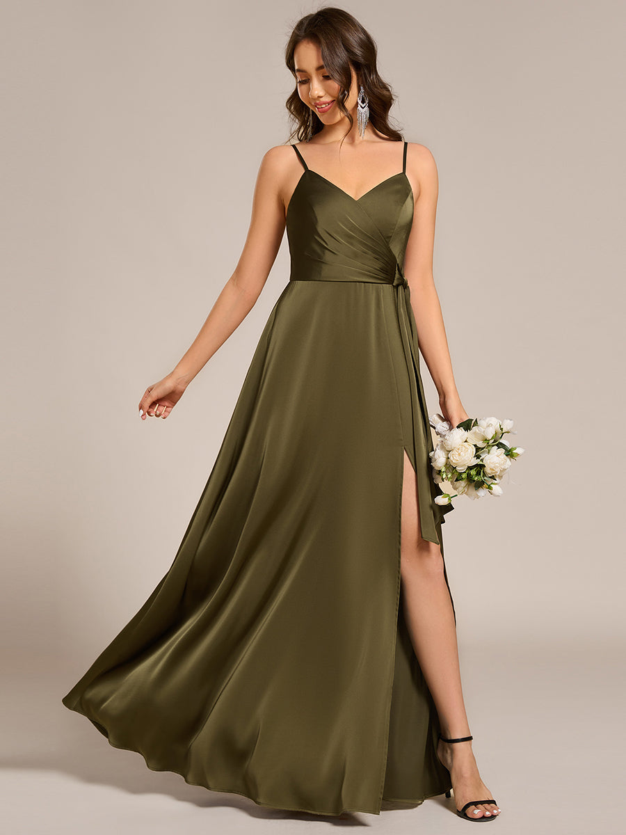 Color=Olive Green | Elegant Floor-Length Spaghetti Straps Split Satin Bridesmaid Dress with Streamer-Olive Green 4