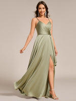 Color=Sage Green | Elegant Floor-Length Spaghetti Straps Split Satin Bridesmaid Dress with Streamer-Sage Green 8