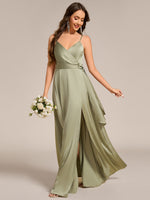 Color=Sage Green | Elegant Floor-Length Spaghetti Straps Split Satin Bridesmaid Dress with Streamer-Sage Green 9