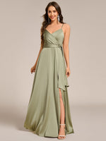 Color=Sage Green | Elegant Floor-Length Spaghetti Straps Split Satin Bridesmaid Dress with Streamer-Sage Green 6