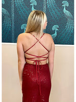 Hillary sequin ball dress with open back and split in burgundy Express NZ wide! Bay Bridal and Ball Gowns