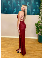 Hillary sequin ball dress with open back and split in burgundy Express NZ wide! Bay Bridal and Ball Gowns