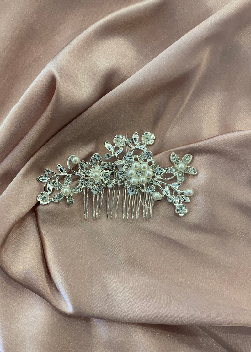 Silver Rhinestone Pearl Flower Hair Comb Express NZ Wide