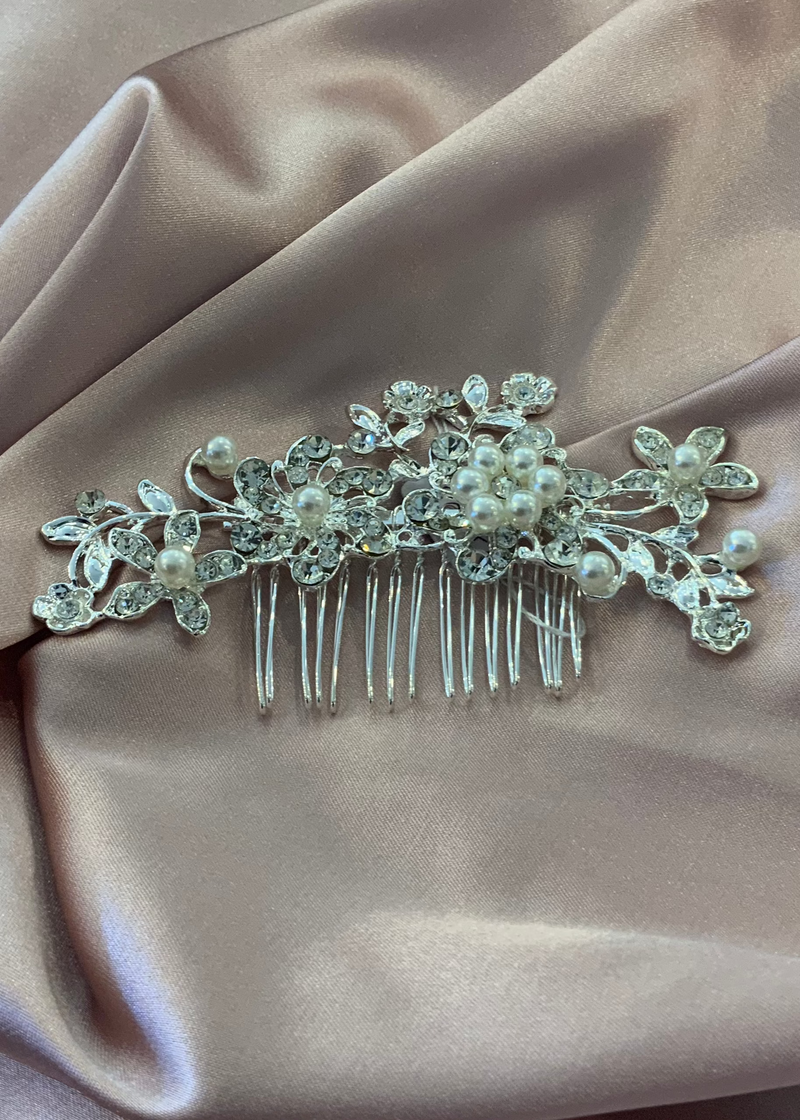 Silver Rhinestone Pearl Flower Hair Comb Express NZ Wide