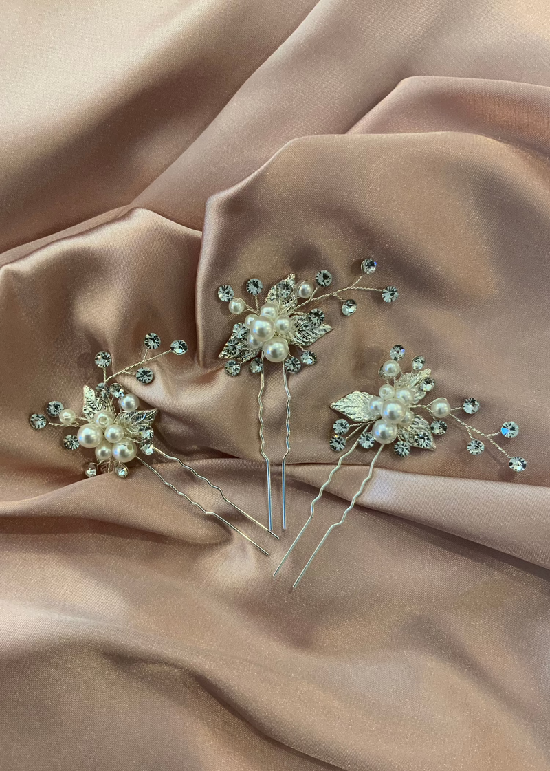 Silver Leaf Rhinestone Pearl Hair Pin Set Express NZ Wide