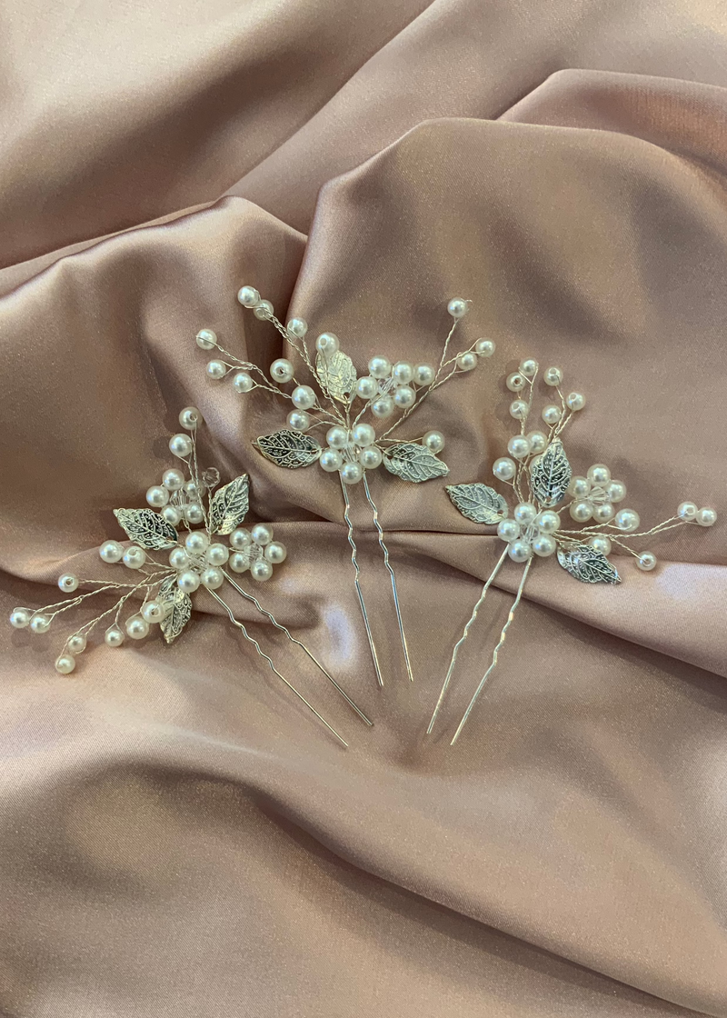 Silver Leaf Pearl Flower Hair Pins Express NZ Wide