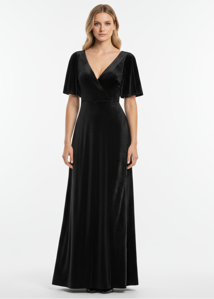Jorrie full velvet short sleeved winter bridesmaid gown