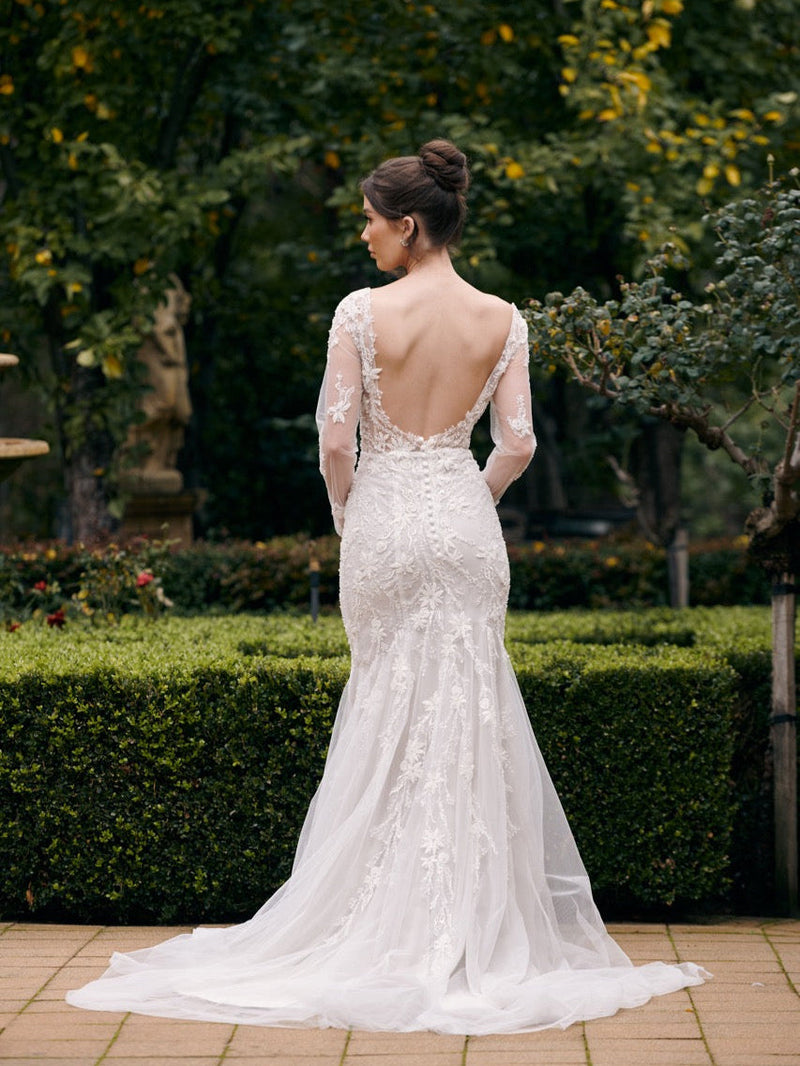 Beaded mermaid gown with long sleeves s10-12 Express NZ wide