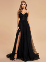Alicia black corset tulle ball dress with split and train Express NZ wide - Bay Bridal and Ball Gowns