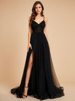 Alicia black corset tulle ball dress with split and train Express NZ wide - Bay Bridal and Ball Gowns