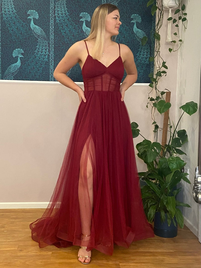 Alicia burgundy corset tulle ball dress with split and train Express NZ wide - Bay Bridal and Ball Gowns