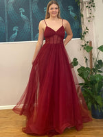 Alicia burgundy corset tulle ball dress with split and train Express NZ wide - Bay Bridal and Ball Gowns