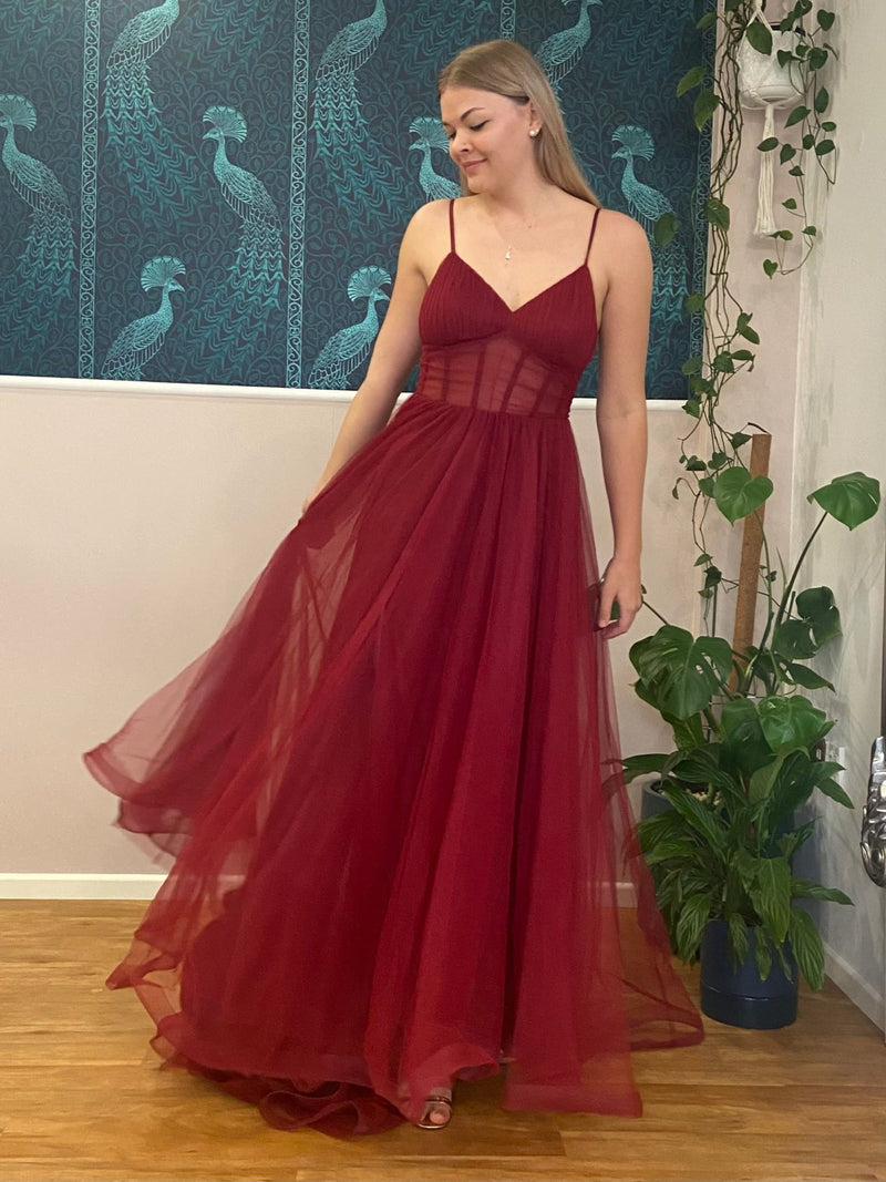 Alicia burgundy corset tulle ball dress with split and train Express NZ wide - Bay Bridal and Ball Gowns