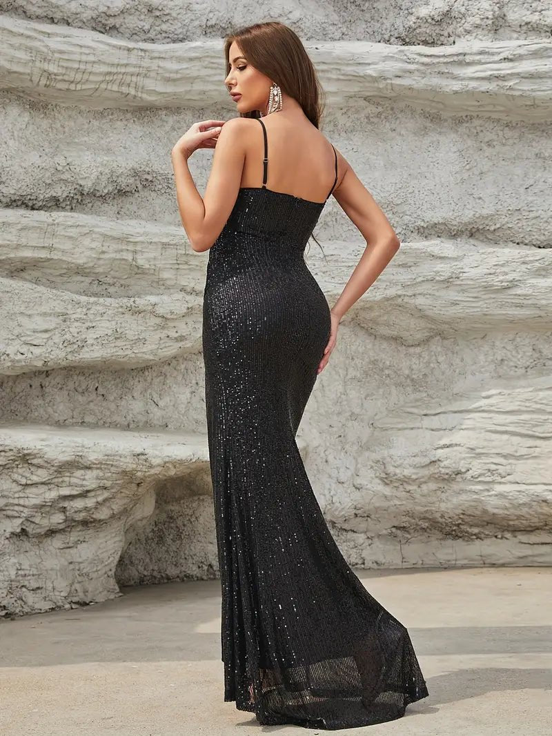 Alina rushed sequin ball dress with split in black Express NZ wide - Bay Bridal and Ball Gowns